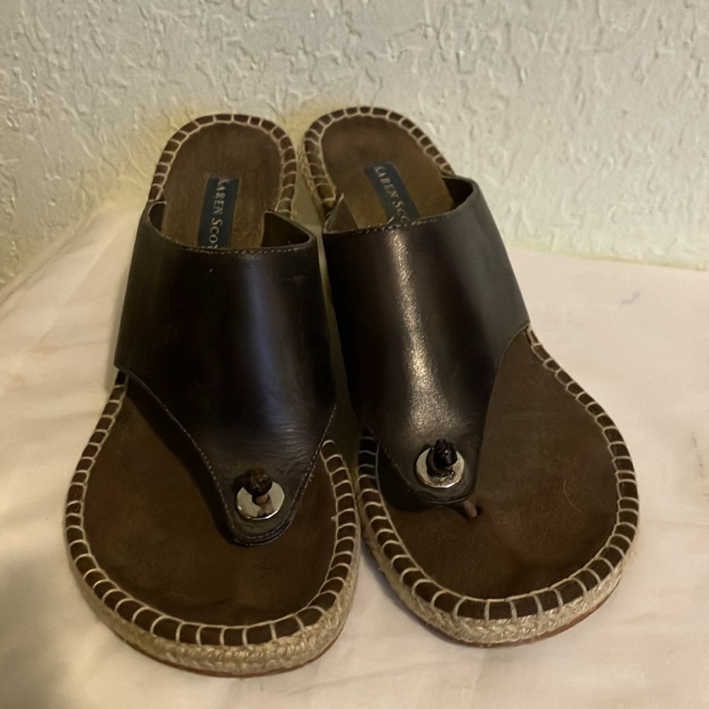 Dark Brn Espadrille 3” Platform Wedge Sandals Classic Stitched Leather Toe Post